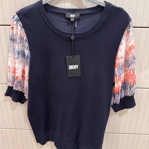 DKNY Navy Top with Patterned Sleeves